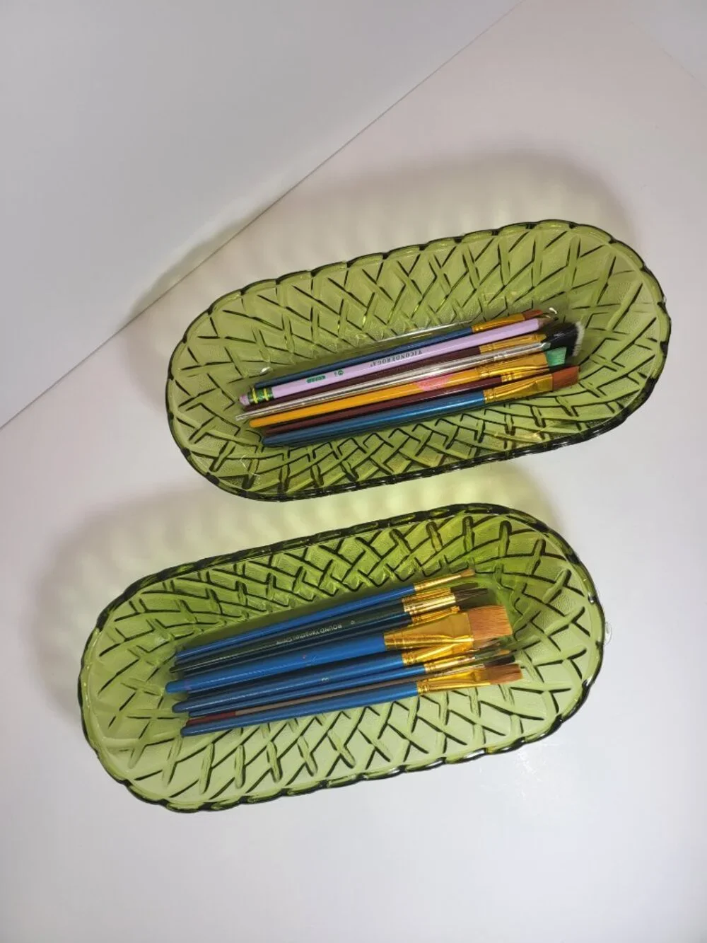 Vintage Avocado Green Glass Celery Dishes Set of 2,MCM Olive Green Serving Bowls